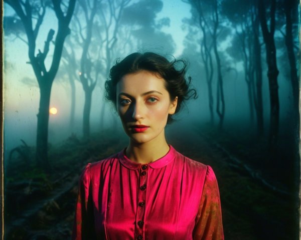 Young Woman in Pink Dress in Misty Forest Setting