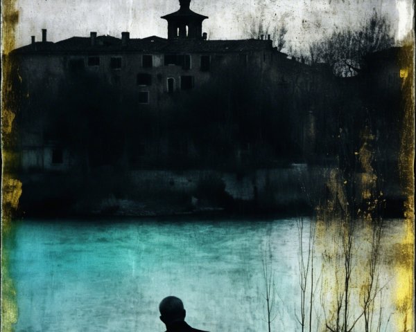 Solitary Figure by Serene Water with Ominous Background
