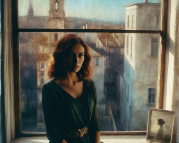 Young woman in dark green dress by large window