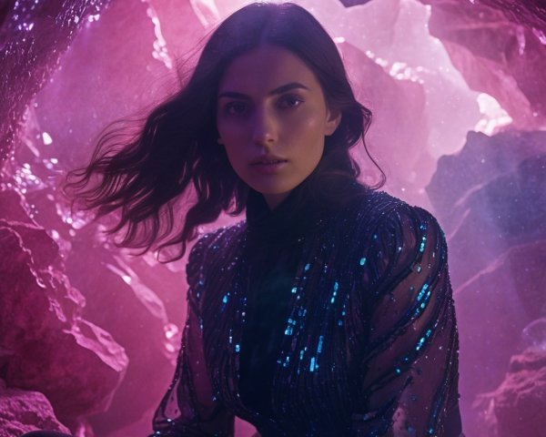 Portrait of a Woman in a Mystical Cave Setting