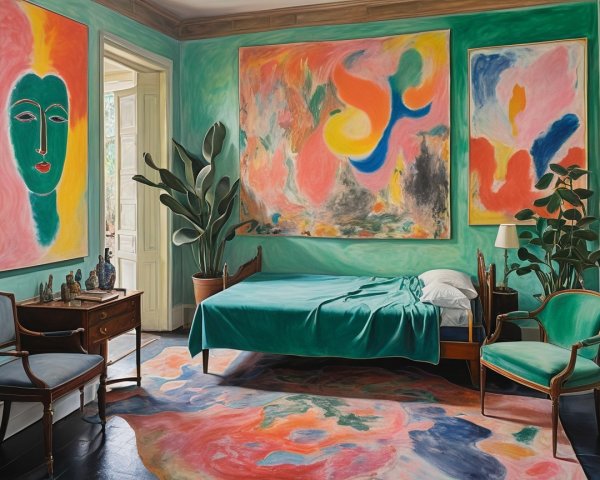 Vibrant Green Room with Abstract Art and Cozy Decor
