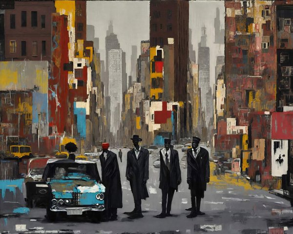 African American men in suits near a blue car scene