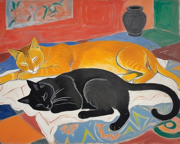 Two Cats Resting on Colorful Patterned Blanket