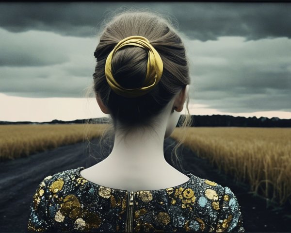 Young Woman in Elegant Dress Overlooking Golden Field