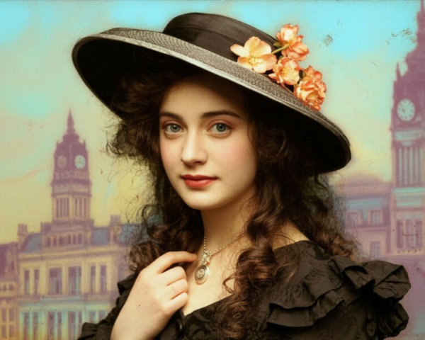 Young woman in elegant black outfit with hat and cityscape