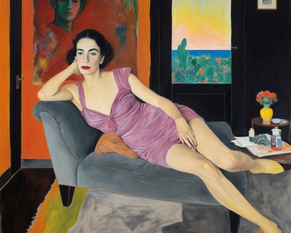 Woman in Lavender Dress Reclining on Gray Couch