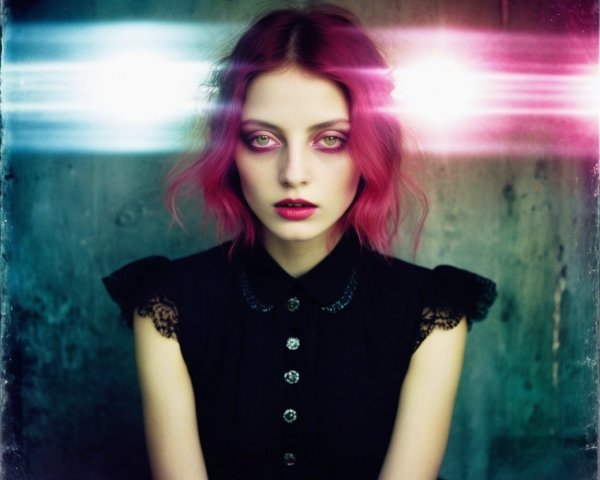 Portrait of a Young Woman with Pink Hair and Lace Dress