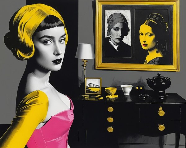 Artistic Composition of Woman in Pink Dress and Portraits