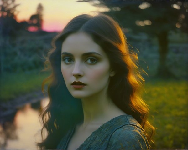 Young Woman in Sunset Glow with Tranquil Landscape