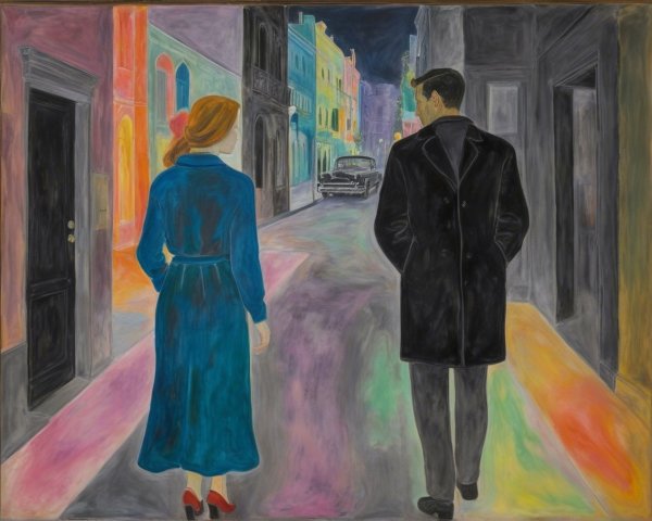 Couple Walking on a Colorful Dimly Lit Street