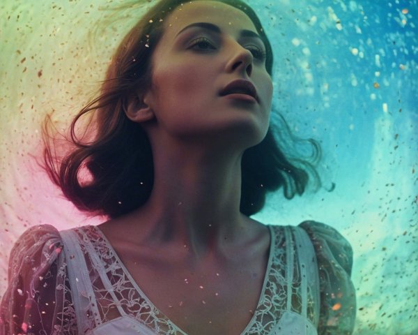 Young woman in lace dress with serene expression