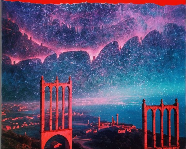 Surreal Landscape with Red Arches and Abstract Colors