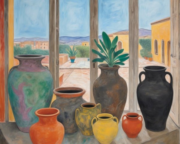 Colorful Ceramic Pots on Windowsill with Scenic View