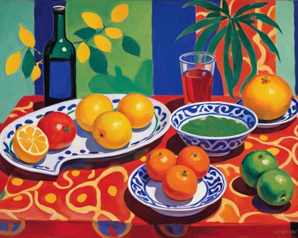 Colorful Still Life with Fruits and Decorative Elements