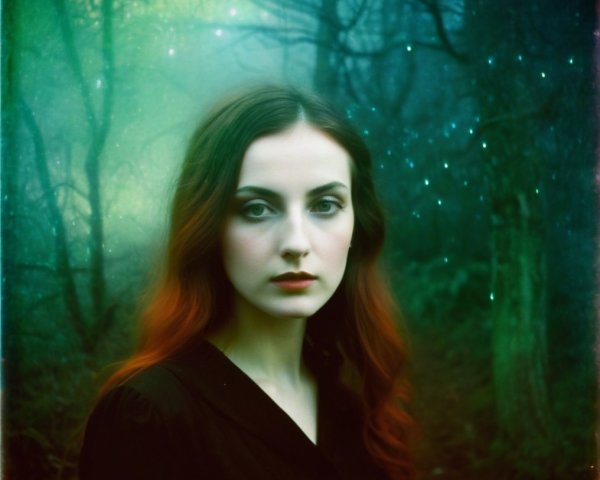 Young woman with red hair in a misty forest scene