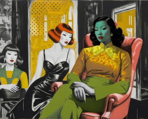 Three Women in Distinct Fashion Against Bold Background
