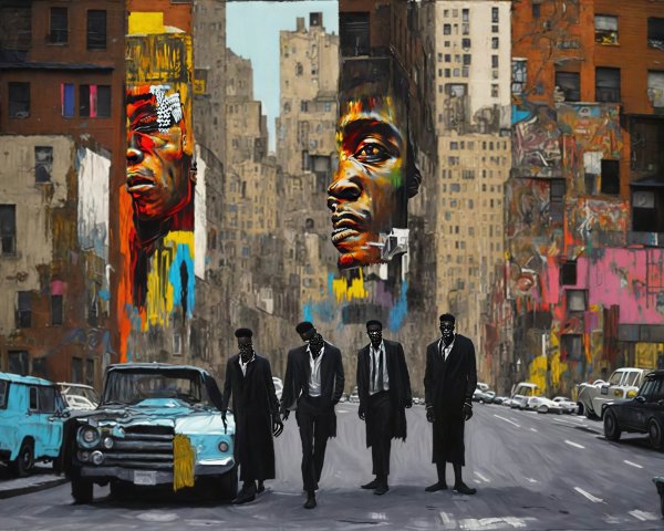 Neo-Expressionist Street Scene with Men and Cityscapes