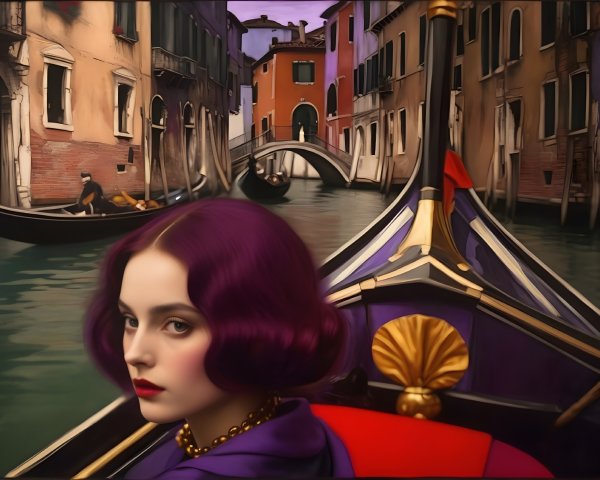 Woman with Purple Hair in Venetian Gondola Scene