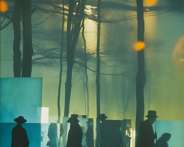 Silhouettes in a Misty Forest with Glass Panels
