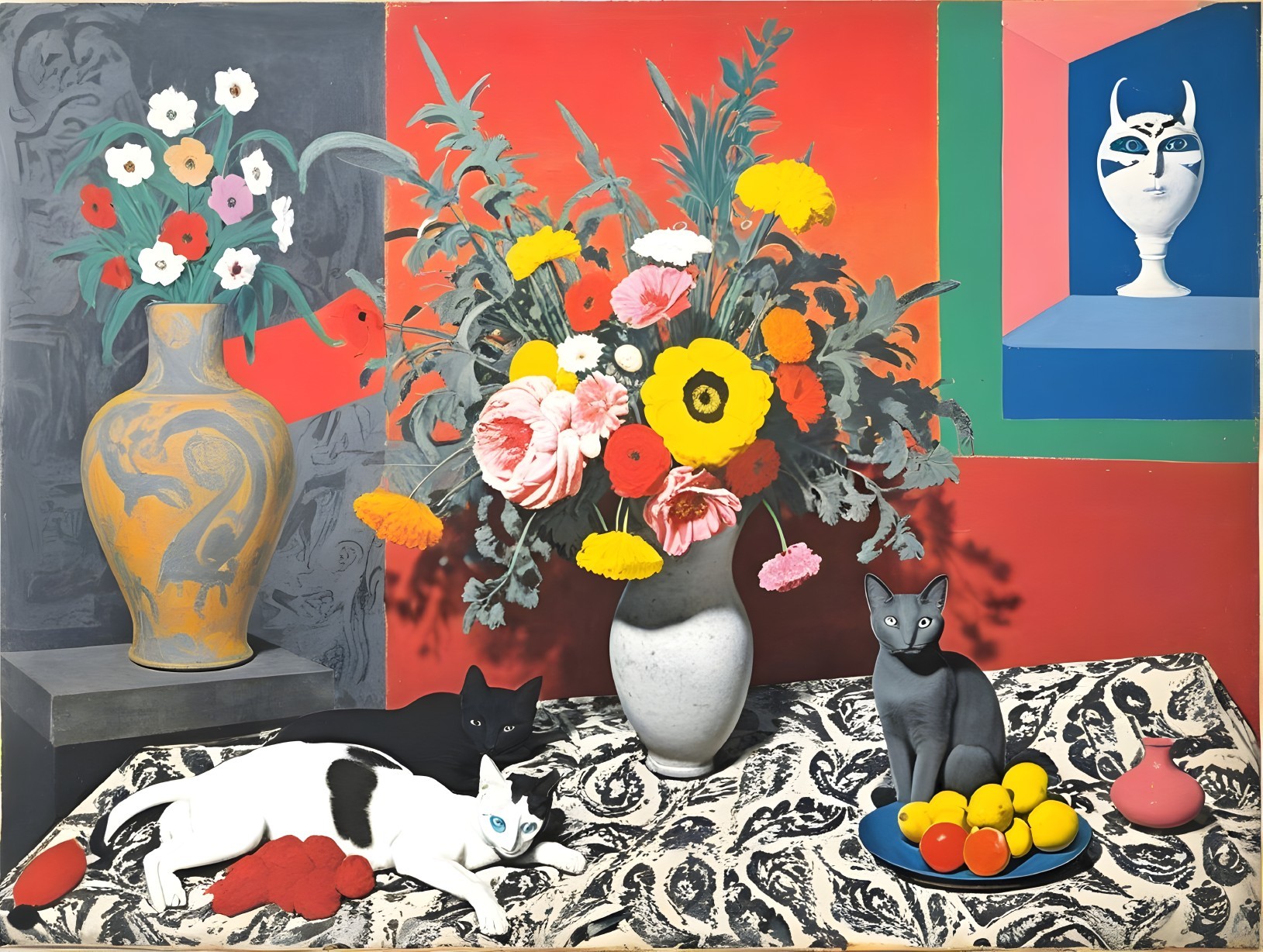 Vibrant Still Life with Cats and Colorful Flowers