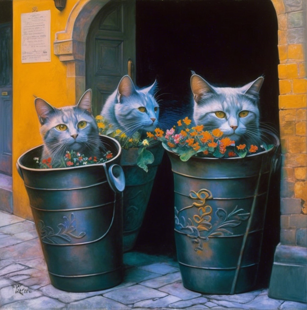 Three Cats in Vintage Buckets Surrounded by Flowers