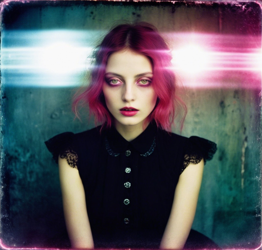 Portrait of a Young Woman with Pink Hair and Lace Dress