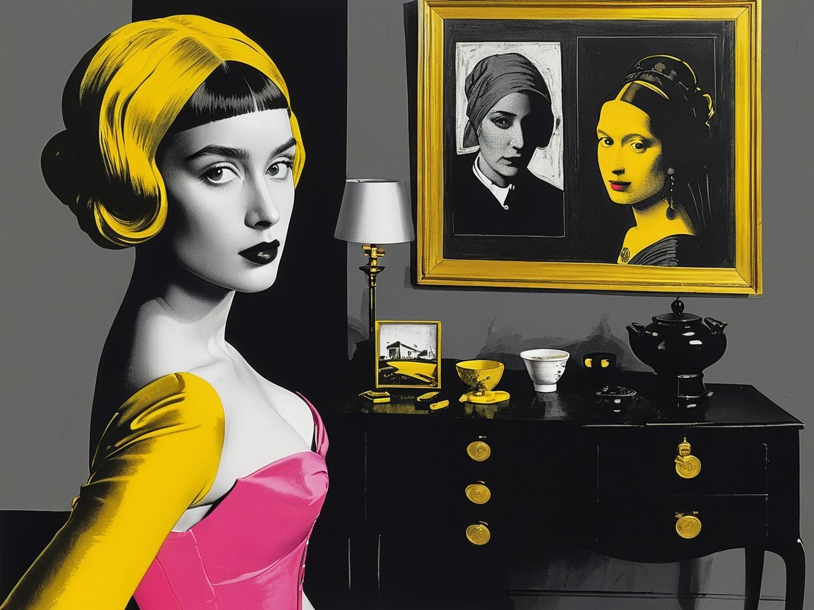Artistic Composition of Woman in Pink Dress and Portraits