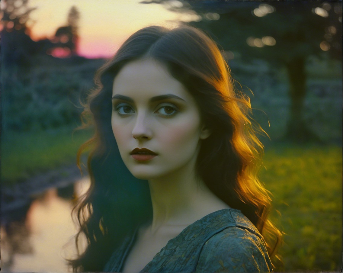 Young Woman in Sunset Glow with Tranquil Landscape
