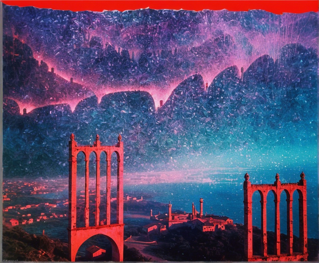 Surreal Landscape with Red Arches and Abstract Colors