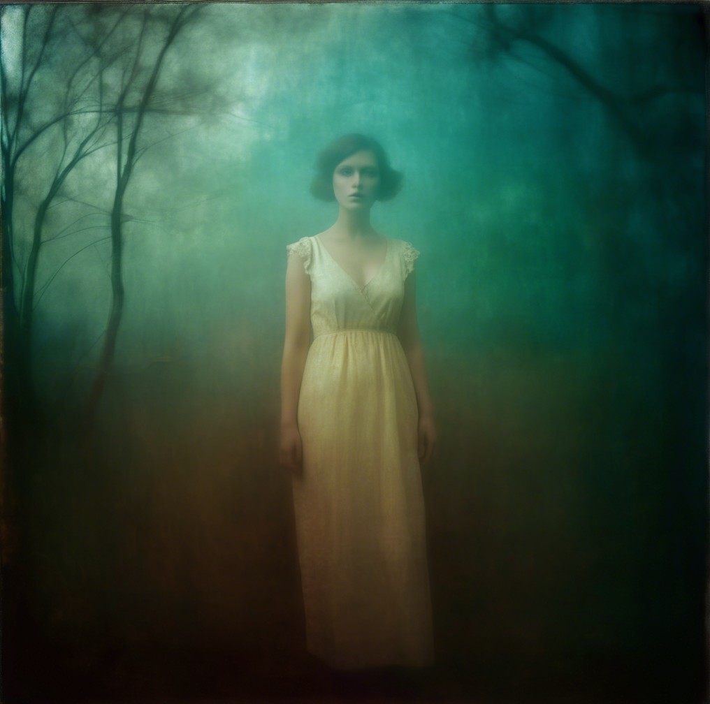 Solitary Woman in Ethereal Misty Landscape