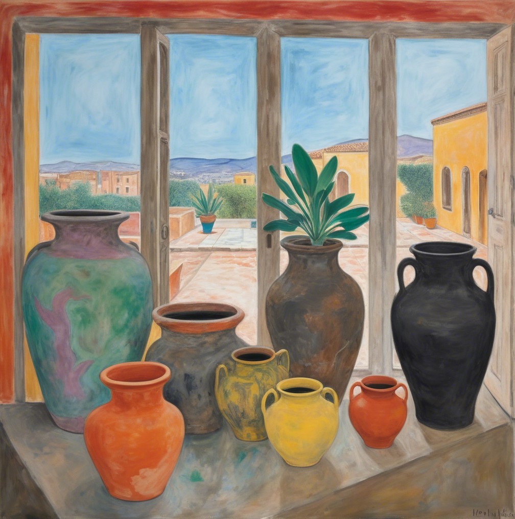 Colorful Ceramic Pots on Windowsill with Scenic View
