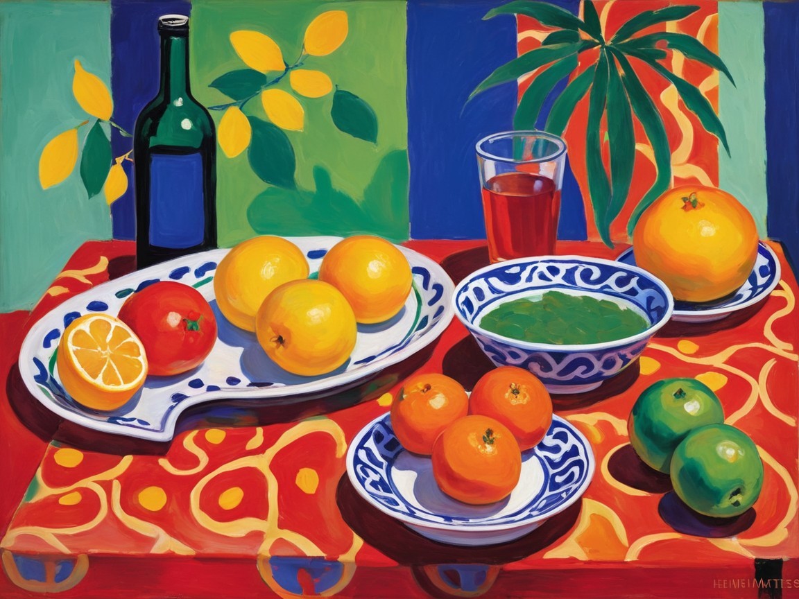 Colorful Still Life with Fruits and Decorative Elements
