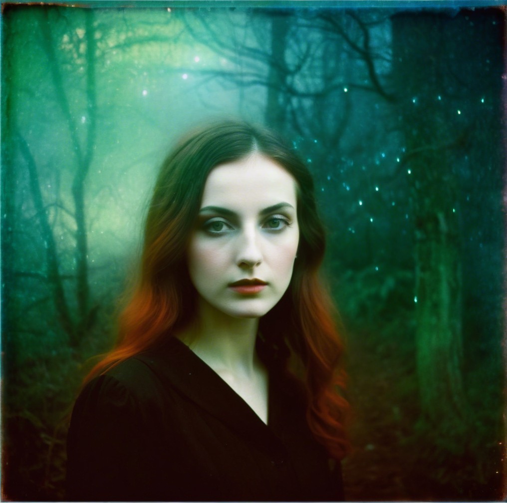 Young woman with red hair in a misty forest scene