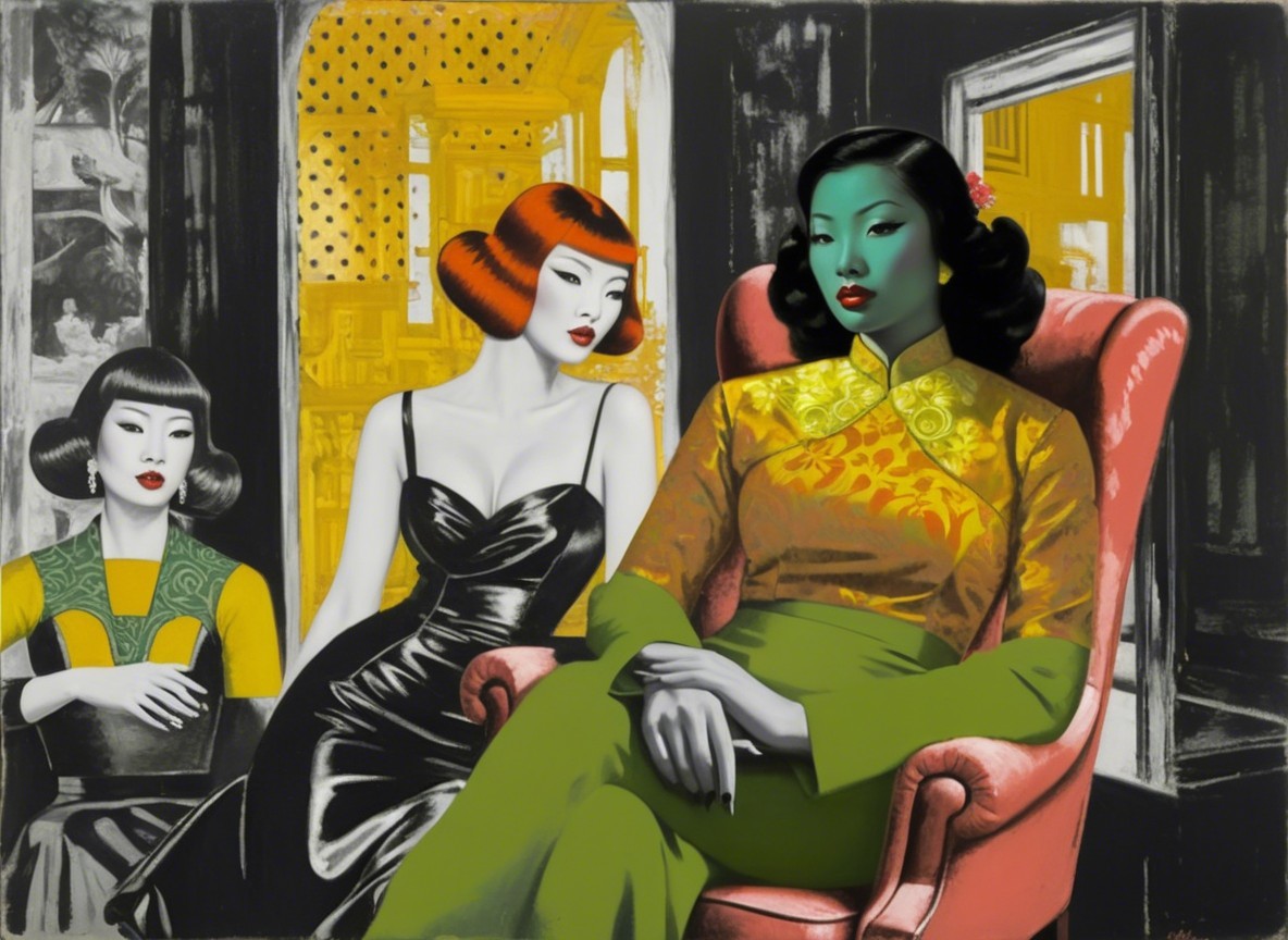 Three Women in Distinct Fashion Against Bold Background