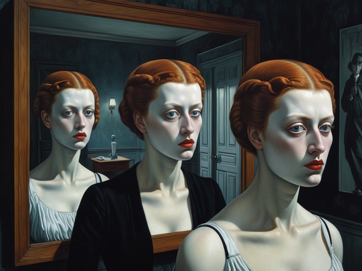 Surreal Portrait of a Woman with Red Hair and Mirror