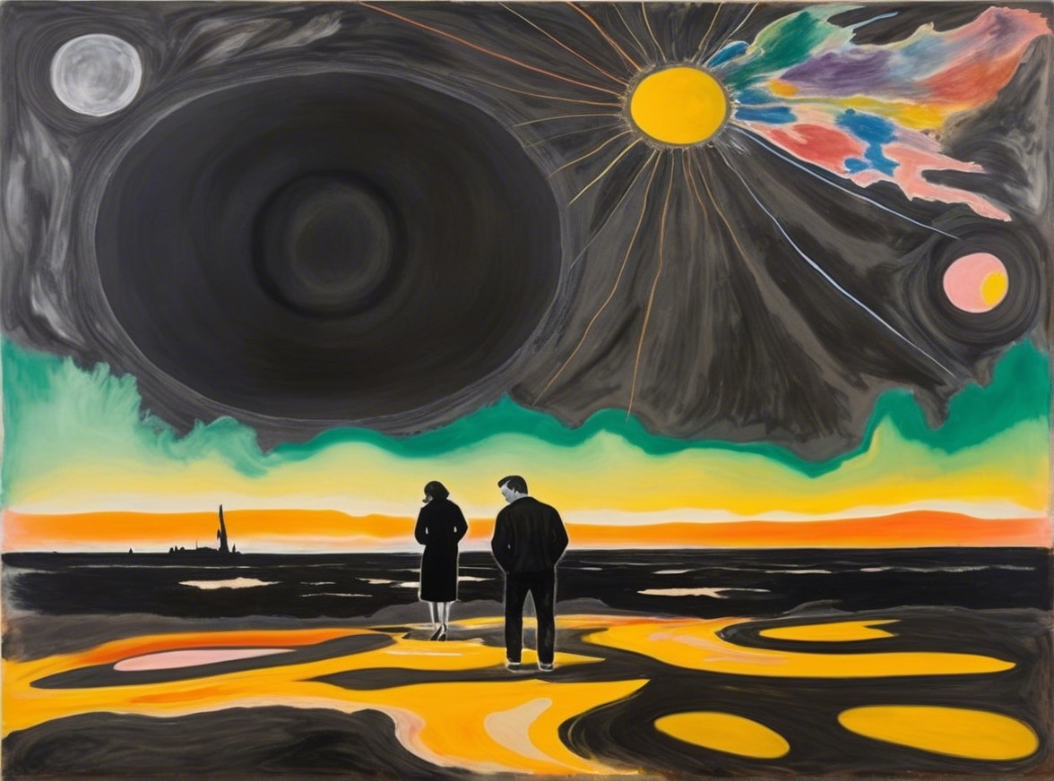 Surreal Landscape with Figures and Dramatic Sky