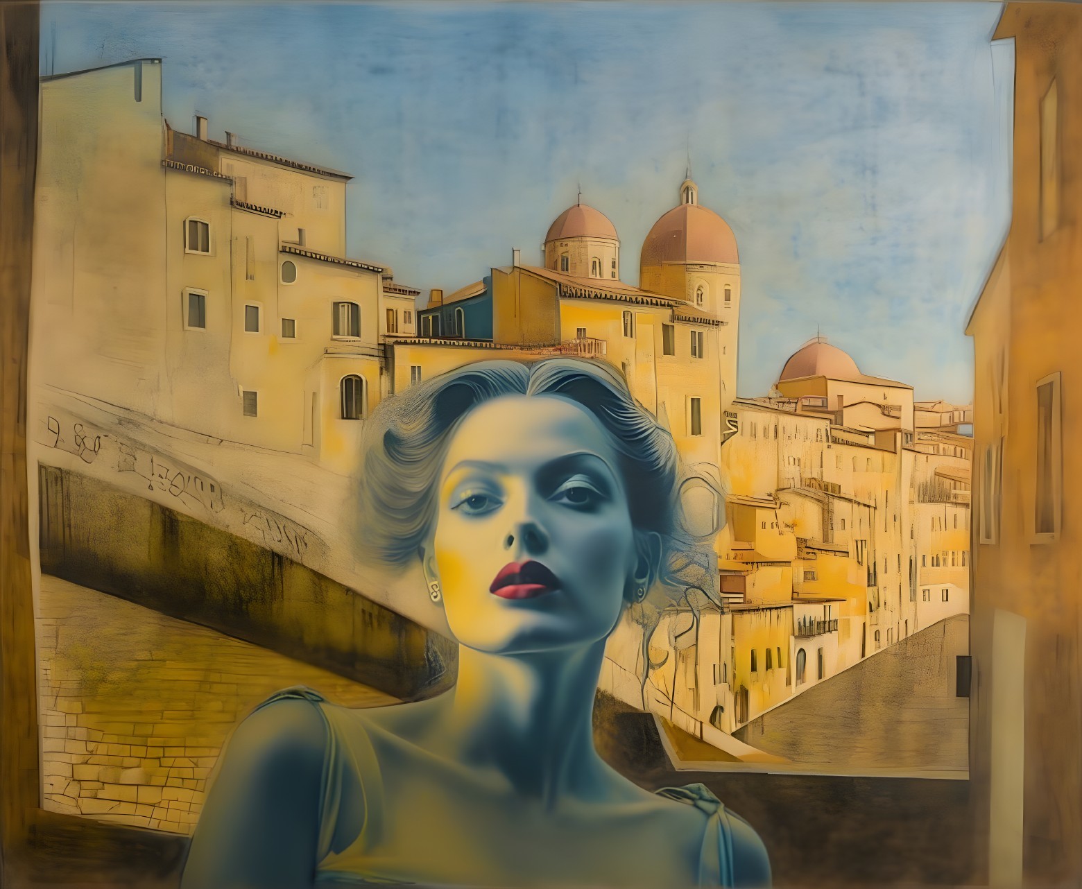 Female Figure with Ethereal Cityscape Background