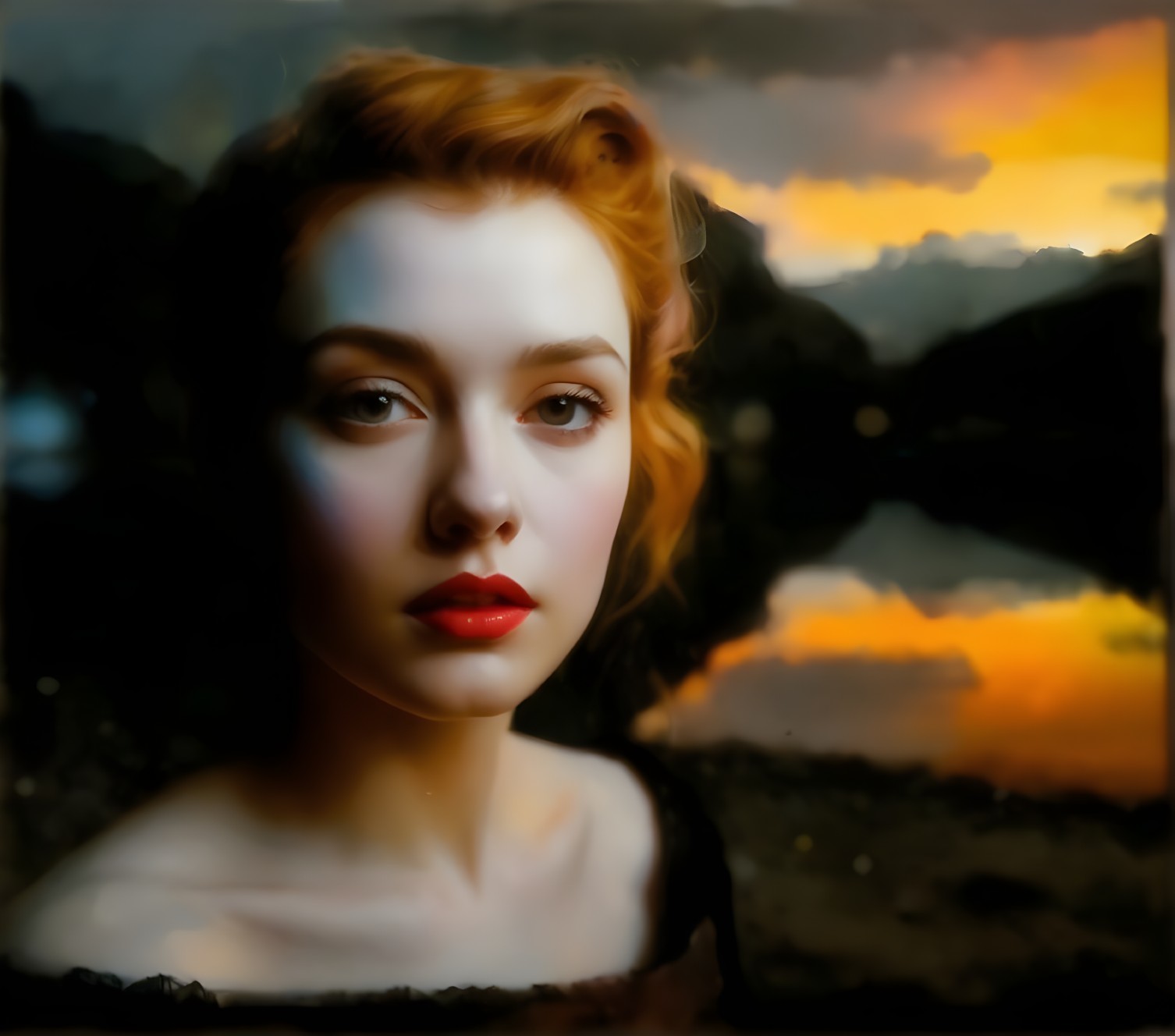 Young woman with red lips and sunset background
