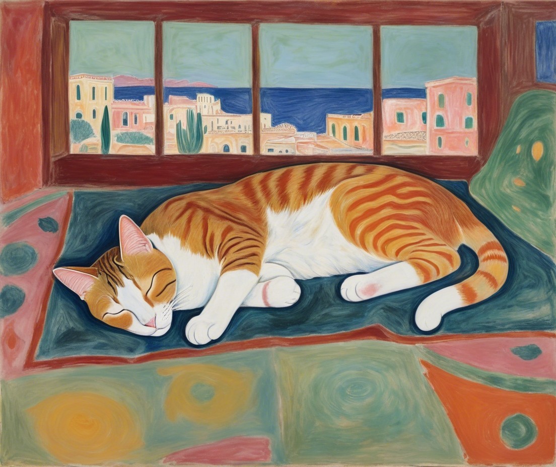 Vibrant Painting of a Sleeping Ginger Cat on Rug