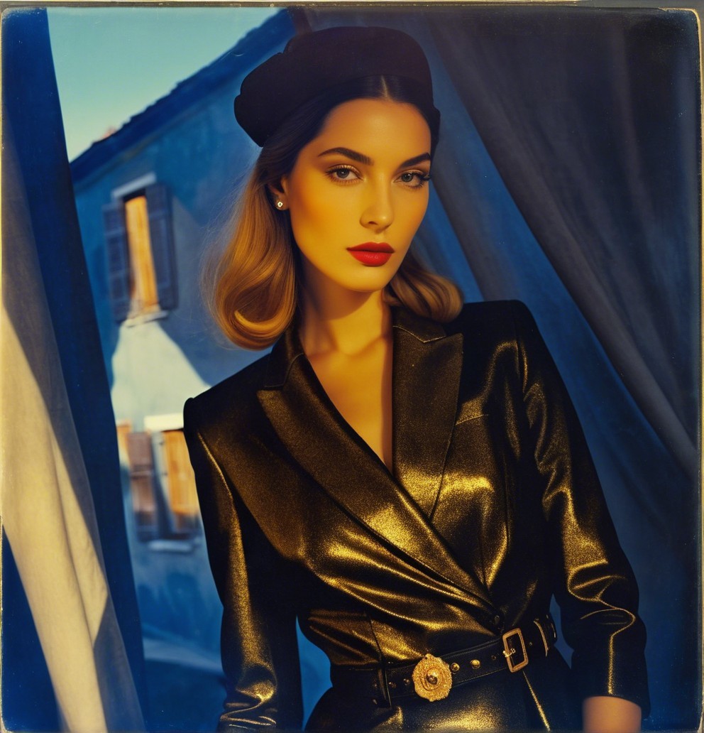 Glamorous Woman in Metallic Gold Blazer with Elegance