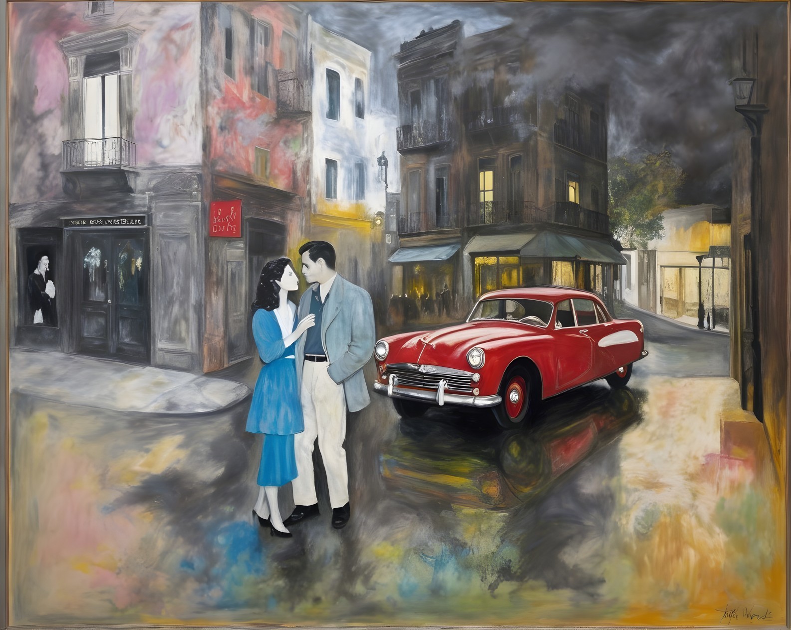 Romantic Couple in Rainy City Street Scene