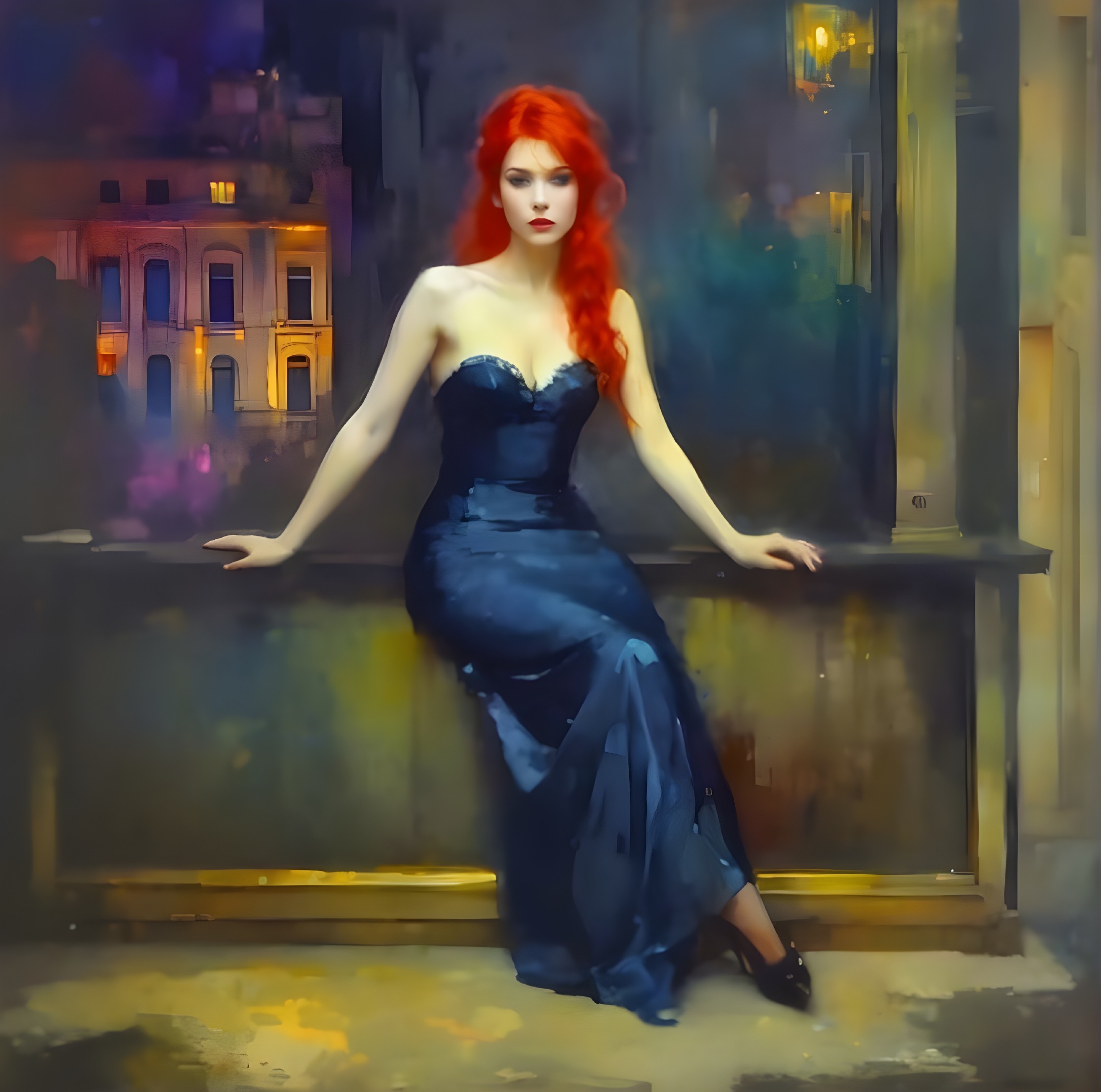 Elegant Woman in Dark Blue Gown Against Nightscape