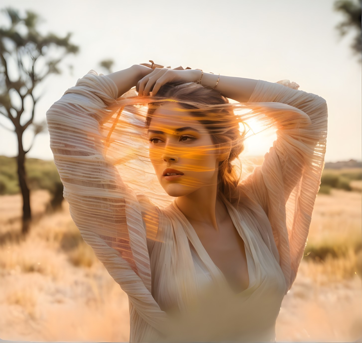 Woman in Sunlit Landscape with Flowing Fabric