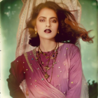 Woman with Chestnut Hair in Vibrant Purple Garment