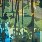 Silhouettes in a Misty Forest with Glass Panels