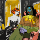 Three Women in Distinct Fashion Against Bold Background