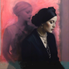 Somber Woman in Black Against Mysterious Background