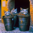 Three Cats in Vintage Buckets Surrounded by Flowers