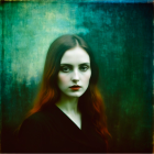 Young woman with red hair in a misty forest scene
