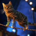 Vibrant Cat on Colorful Tightrope with Geometric Shapes